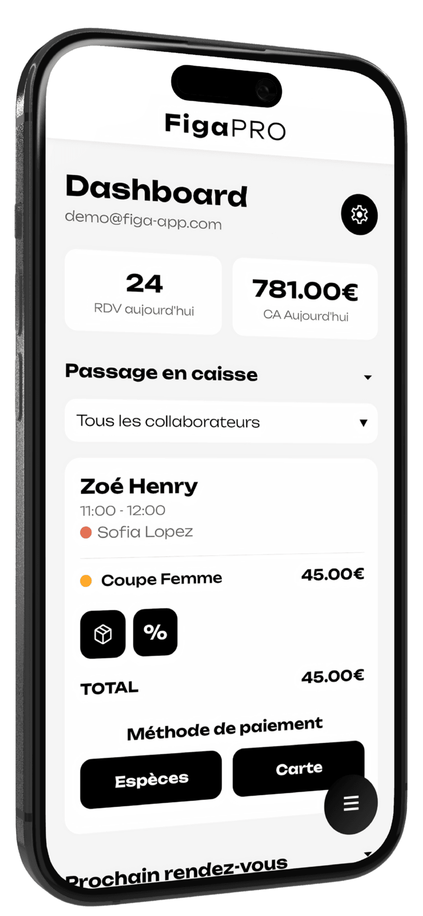Tableau de bord de Figa Pro, l’application de gestion pour salon de beauté
